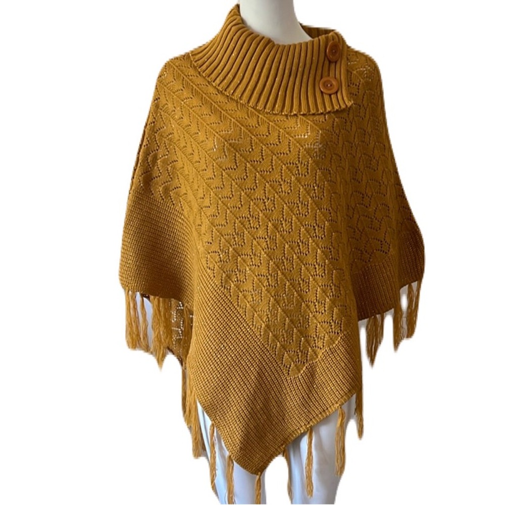 BRAUNY Mustard Knit Poncho Sweater One Size